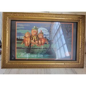 OWC vintage Halloween pumpkin family unique framed art wall hanging home decor